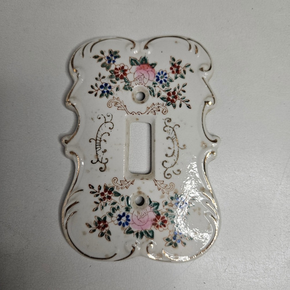 Vtg Japan Ceramic Floral Light Switch Cover Gold Trim Scalloped Single Toggle